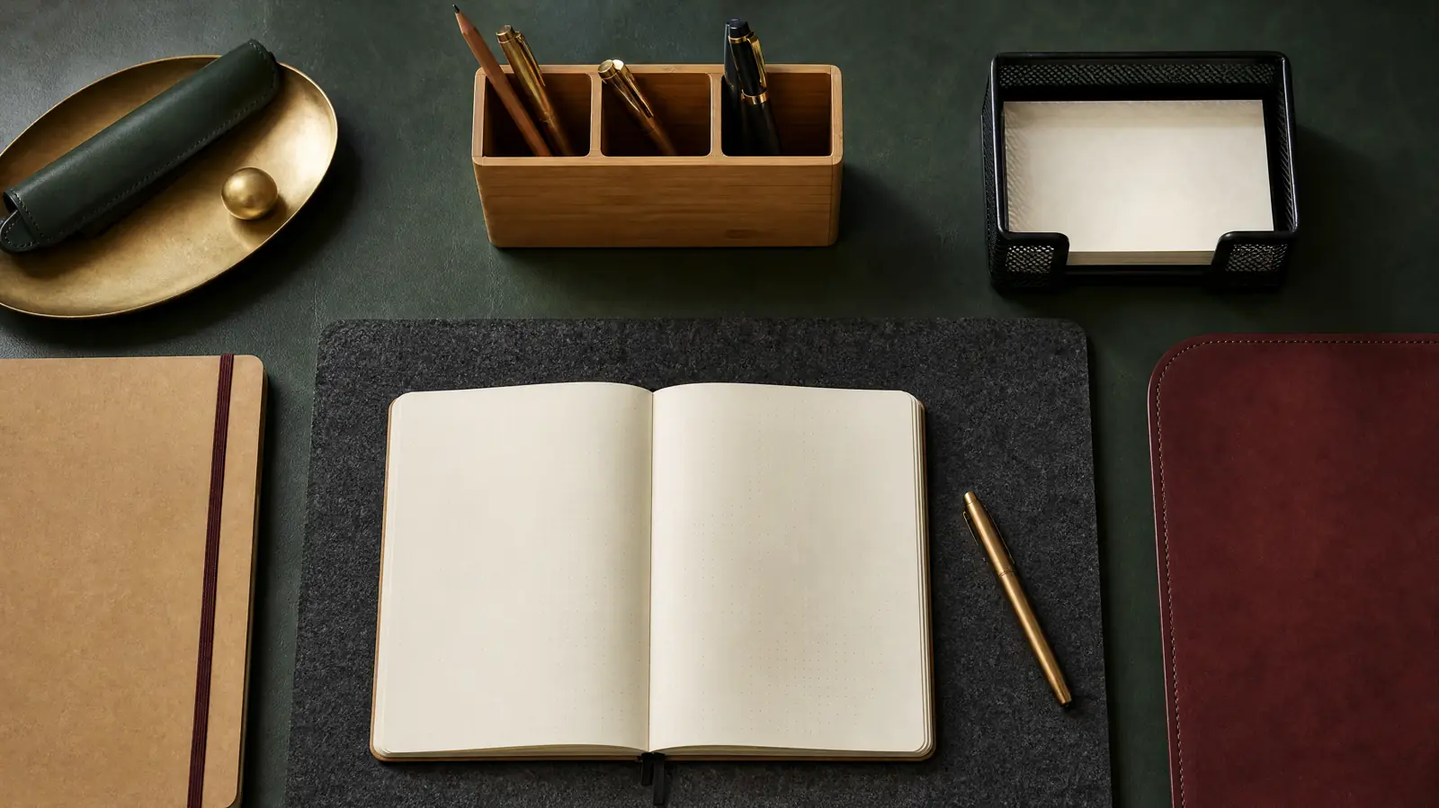 Una scrivania con un sottomano in feltro, un quaderno aperto, un portapenne in bambù, una vaschetta in rete, un quaderno kraft e un sottomano effetto pelle