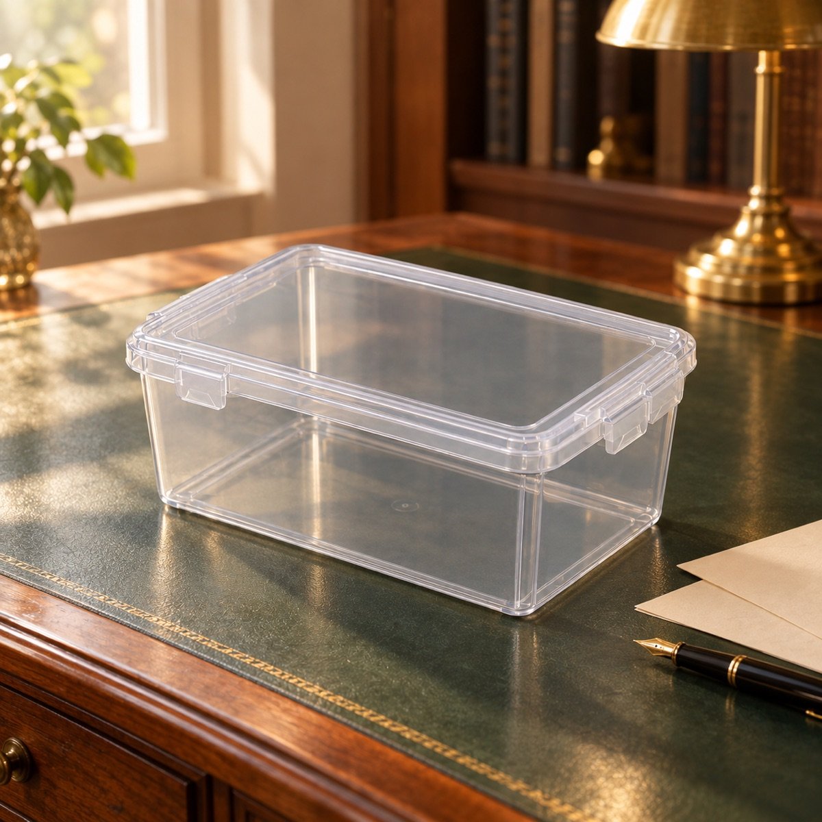 Storage Box with Lid, Clear PP, A4 — on a desk