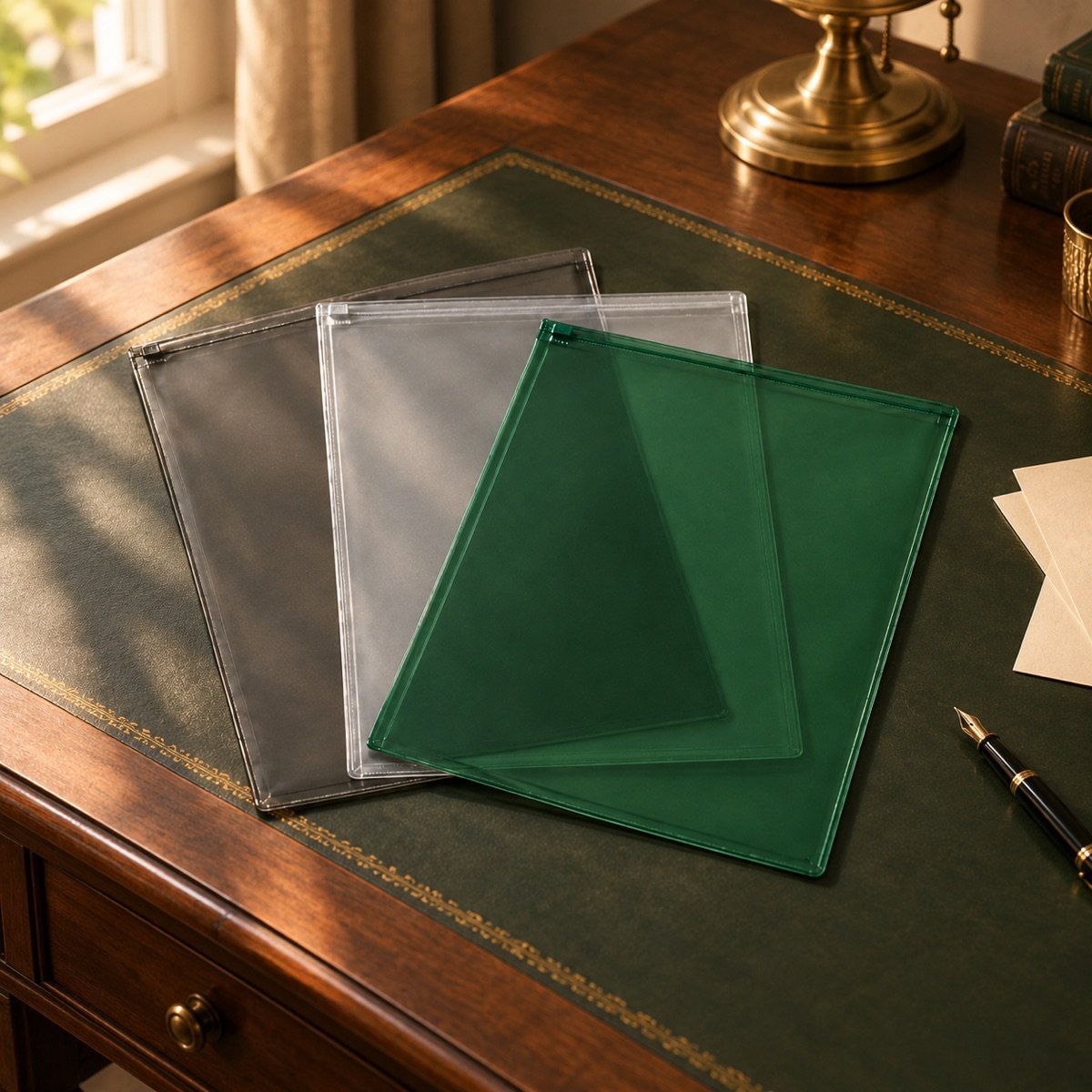 Zip Document Wallet A4, Pack of 3 — on a desk