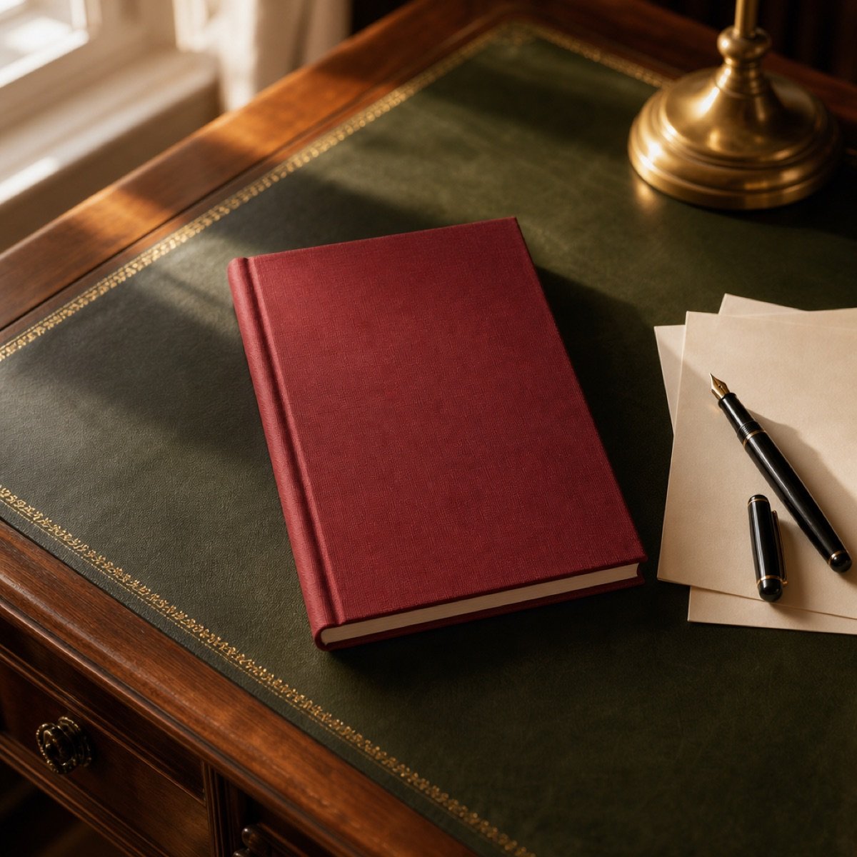 Columnar Ledger A5, Oxblood — on a desk