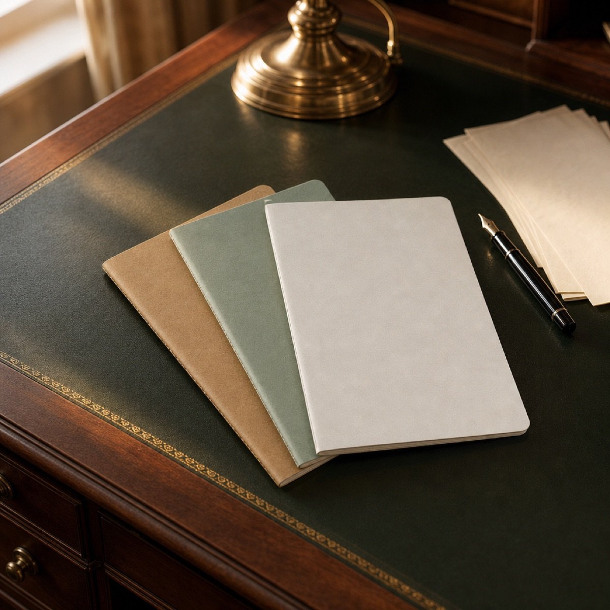 Feint Ruled Notebook Set A5, Three Pack — on a desk