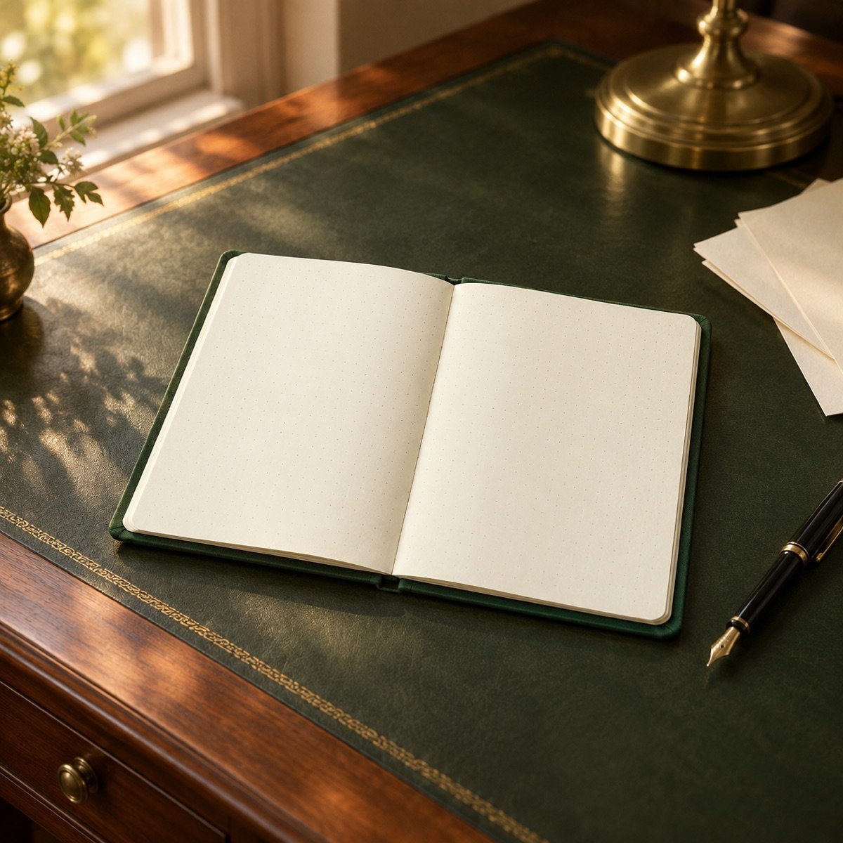 Dot Grid Notebook A5, Hardcover — on a desk