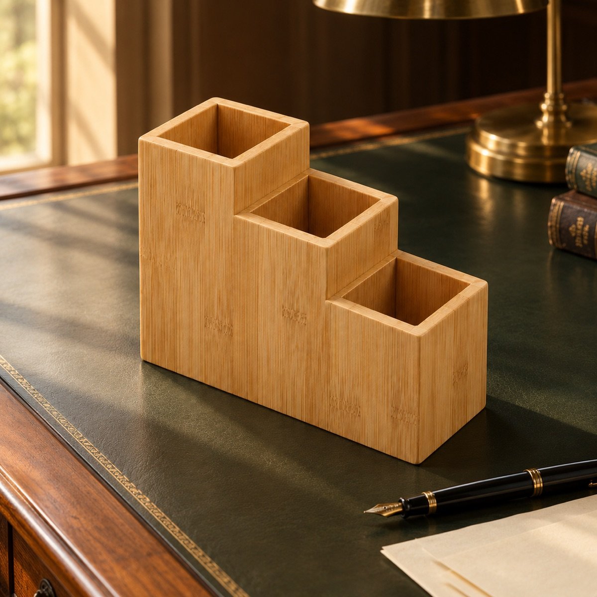Bamboo Pen Pot, Three Section — on a desk