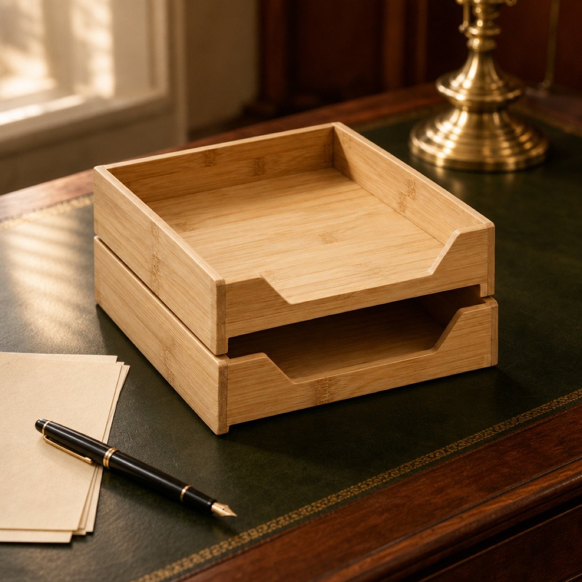 Bamboo Letter Tray, Stackable — on a desk
