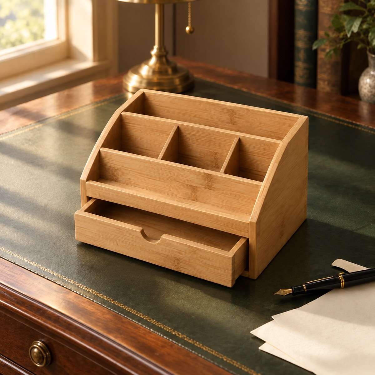 Bamboo Desk Organiser with Drawer — on a desk