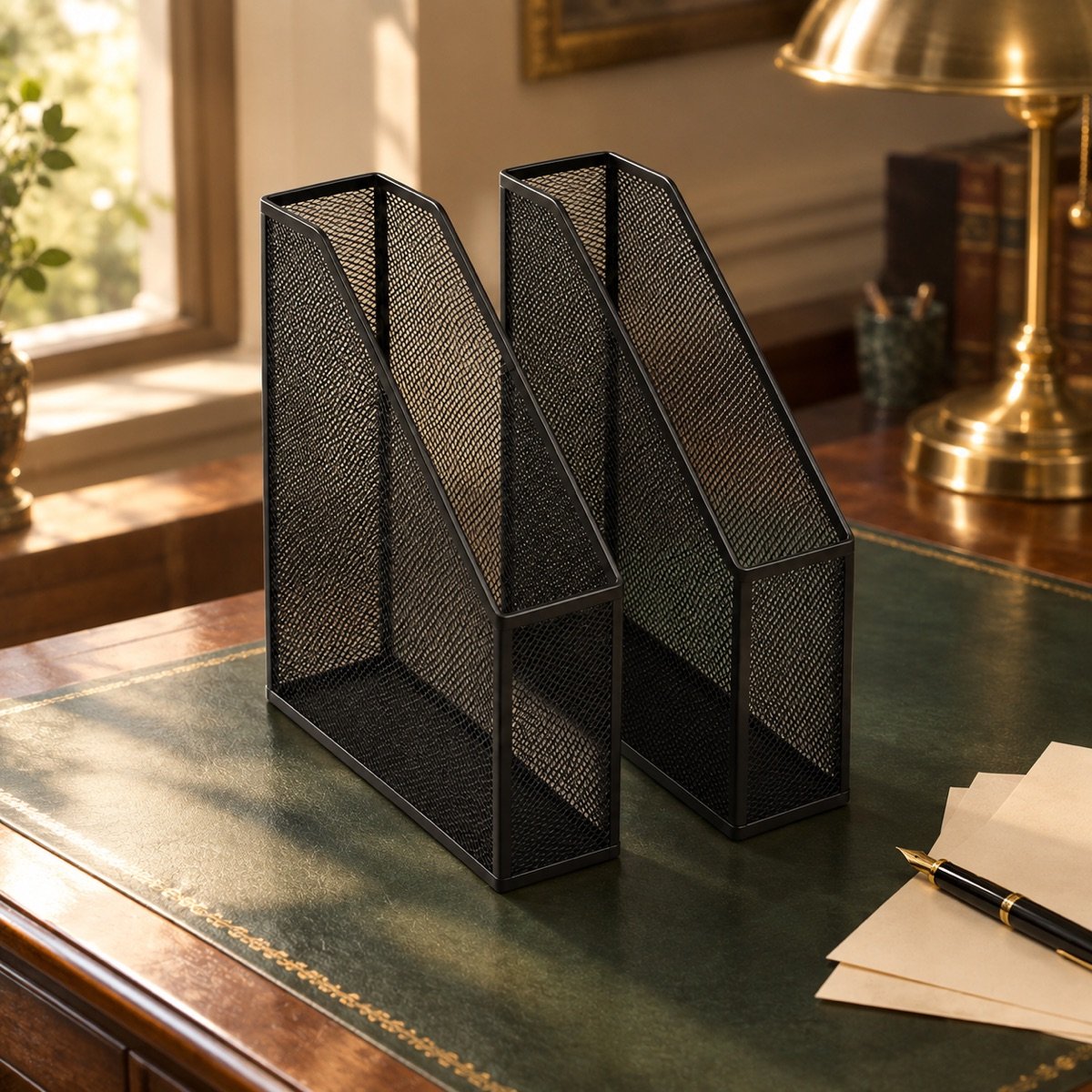 Steel Mesh Magazine File, Pair — on a desk