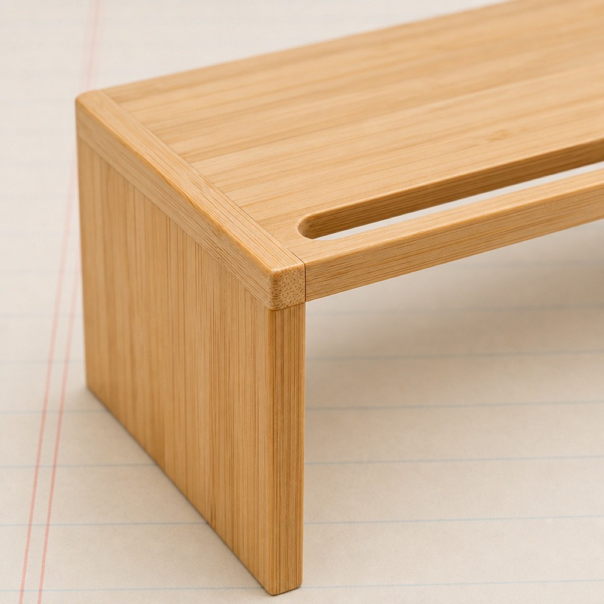 Bamboo Monitor Shelf with Slots — detail