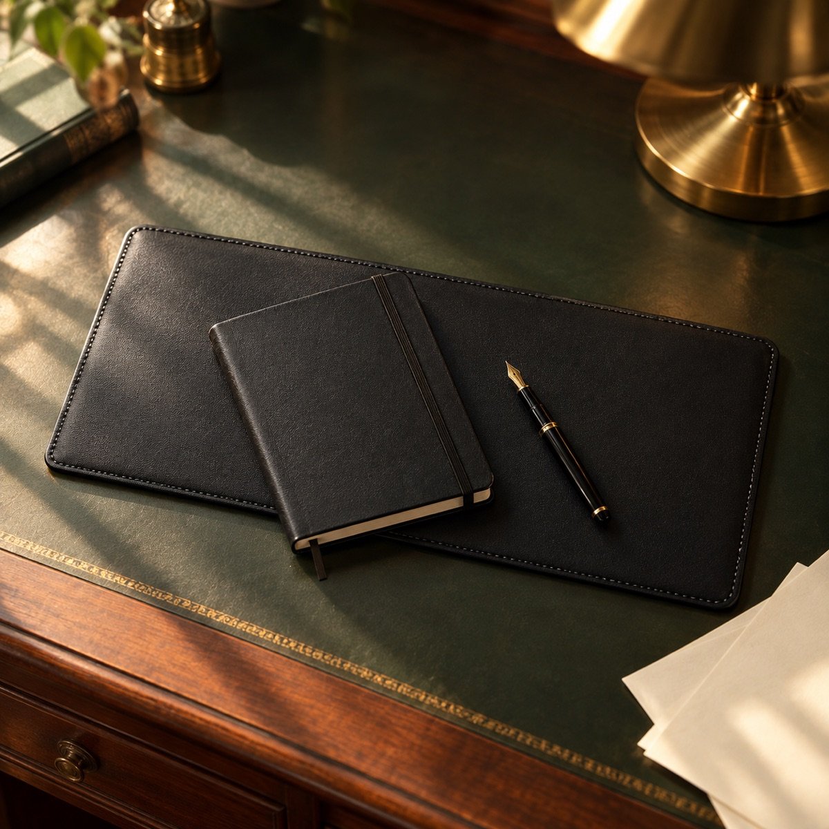 PU Leather Desk Pad, 80 × 40 cm, Black — on a desk