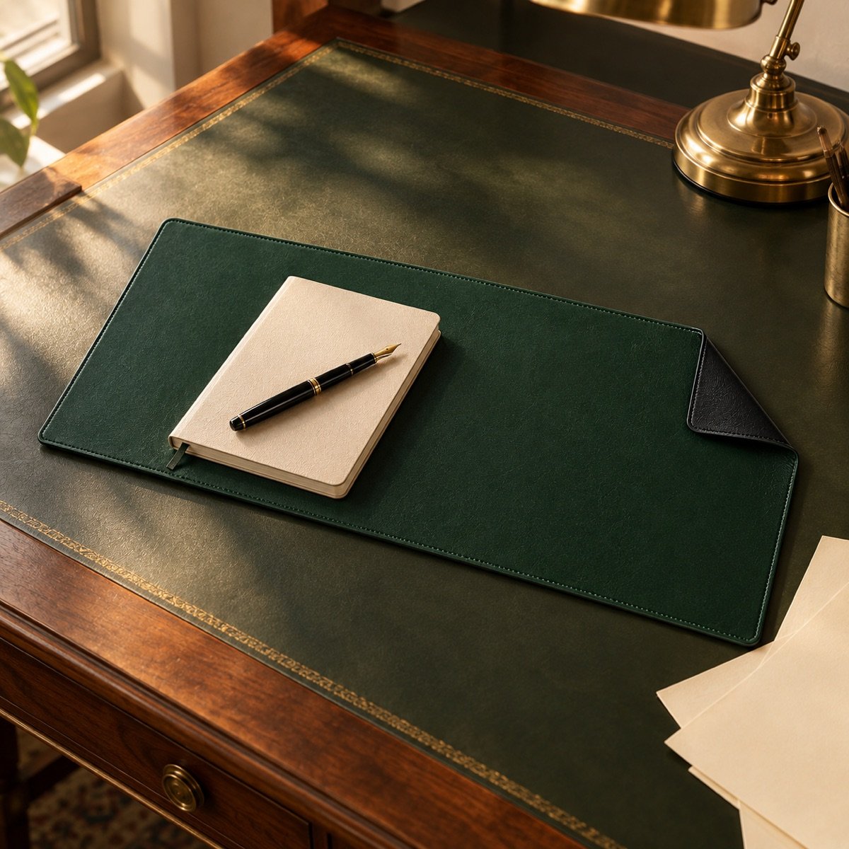 Reversible PU Desk Pad, 80 × 40 cm — on a desk